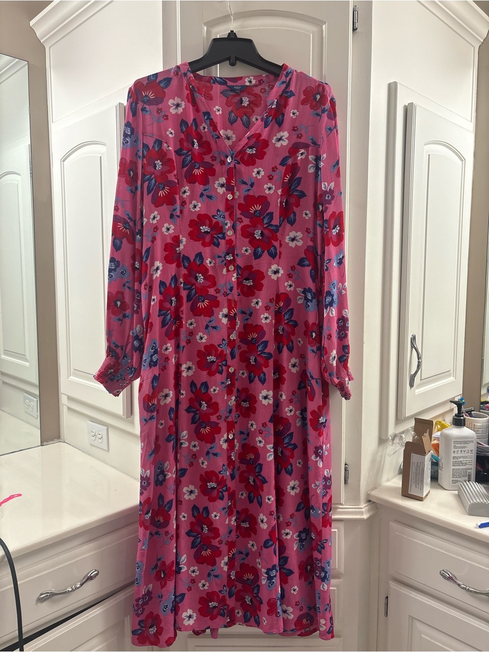 Bright Pink Floral Midi Dress with Long Sleeves.